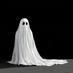 A cartoon illustration of transparent ghost with large black eyes, sitting on dark background. ghosts flowing white sheet creates haunting yet whimsical atmosphere