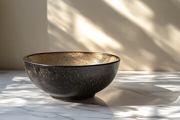 Black ceramic bowl bathed in sunlight on a marble table