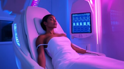 Poster - A person lies comfortably in a sleek wellness pod, surrounded by calming purple and blue lights. They appear relaxed, engaging in a rejuvenating treatment under state-of-the-art monitoring equipment.