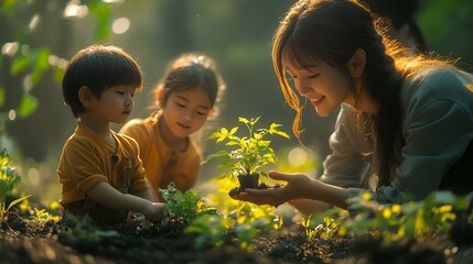 a person and two children planting a plant