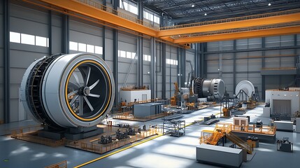 Poster - a modern wind turbine manufacturing facility producing sustainable energy equipment.
