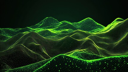 Poster - Abstract digital landscape with glowing green waves and dots, representing data visualization.