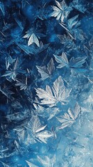 A serene frost-covered ground with delicate leaves, creating a mesmerizing blue pattern in nature's winter masterpiece.