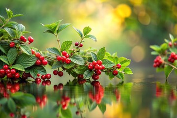 wild berries growing in a patch of green plant life reflected