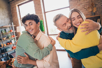 Poster - Photo of happy family support each other hugging celebrate thanksgiving holiday dinner relatives living room celebrate weekend