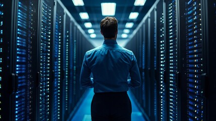 Poster - A man stands in a large room with many computer servers