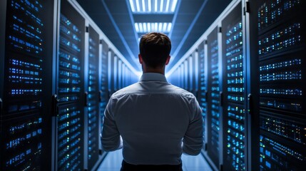 Aufkleber - A man stands in front of a row of computer servers