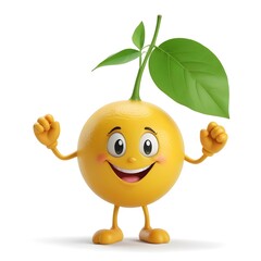 A smiling yellow lemon with a green leaf , cartoon character with arms and legs