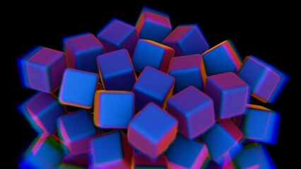 Poster - Vibrant 3D cubes with blue and purple neon glow on a black background..