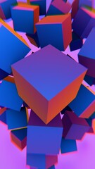 Poster - Vibrant 3D cubes with blue and purple neon glow on a black background..