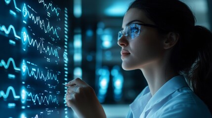 Aufkleber - A young scientist wearing glasses focuses intently on analyzing complex data on a vibrant digital display
