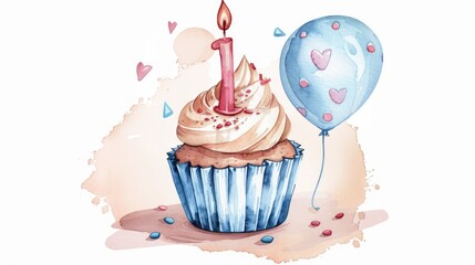 birthday cupcake in watercolor design illustration