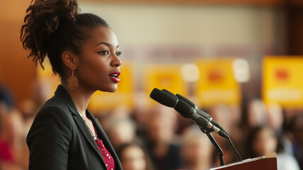 Canvas Print - A female human rights activist passionately speaking at a podium during a global summit, audience intently listening, banners advocating for minority rights displayed. Ai generated