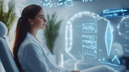 Poster - A healthcare professional is intently studying holographic medical data within a modern clinic. The advanced technology displays various health metrics, creating an innovative atmosphere.