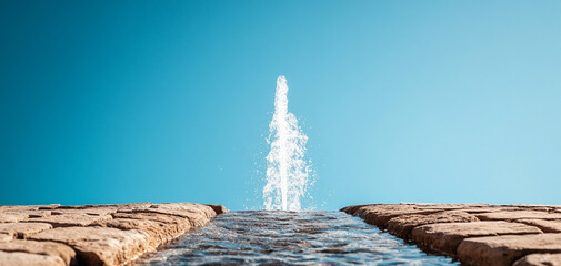 Fountain water shooting into the clear blue sky, surrounded by stone structure.