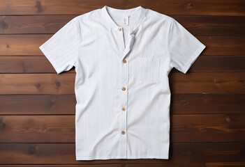 Wall Mural - A striped button-up shirt on a wooden background