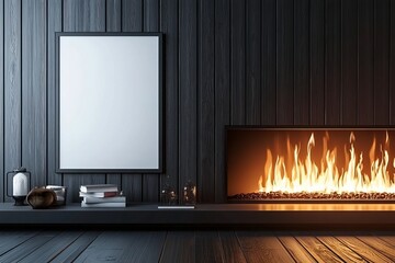 Wall Mural - Interior of a light living room with a bookshelf and furniture, a poster on the wall, and a poster hanging on the wall