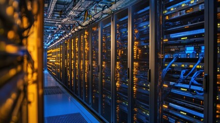 Poster - A server room filled with racks of servers, illuminated by blue and orange lights.
