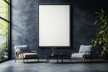 Poster - A mockup of framed posters in an apartment living room with gray modern furniture, a blue wall, a stone floor, two armchairs. The concept is relaxing.
