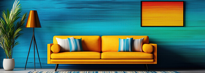 A bright yellow sofa adorned with striped pillows sits elegantly in a modern living room. The vibrant blue wall enhances the lively atmosphere, complemented by a stylish lamp and a piece of artwork