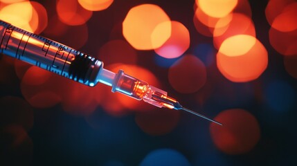 Poster - A syringe with a needle is shown in a blurry background