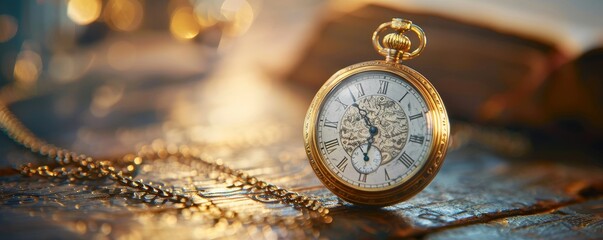 Wall Mural - Antique Pocket Watch with Chain on Wooden Surface with Bokeh