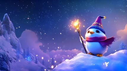 A whimsical scene featuring a penguin in a wizard outfit, perched on a snowy peak, holding a glowing staff with twinkling lights, set against a backdrop of a clear, starry night sky, capturing 