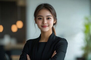 portrait of young beautiful and successful asian business woman, female employee smiling and looking