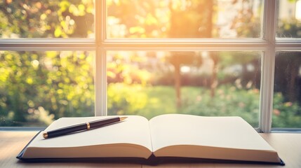 A close-up of an open notebook with a blank page and a pen resting on it, symbolizing the start of a new chapter, with soft natural lighting streaming through a nearby window 