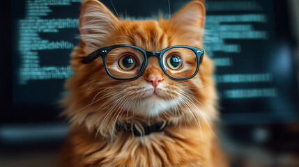 cat wearing glasses sitting in front of a screen with code