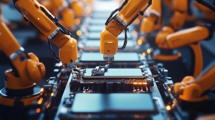 Poster - robotic arms assembling electronic components on a production line in a modern factory setting durin