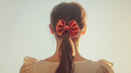 Back view of a light-colored woman wearing silk scrunchies and a pigtail