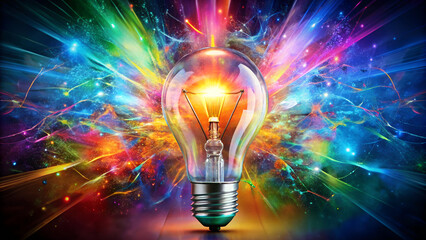 a radiant glowing light bulb capturing the essence of a brilliant idea, surrounded by colorful bursts of creativity and inspiration in a dynamic visual display