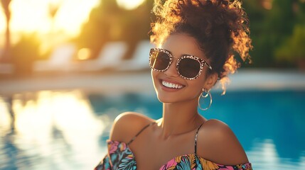 Canvas Print - A young woman with curly hair and sunglasses smiles at the camera.