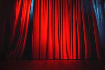 Closed red curtain of stage in spotlight before show.