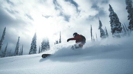 Poster - A snowboarder rides through powder snow on a mountainside.