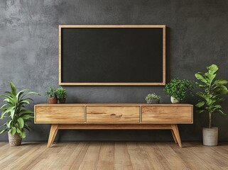 An empty dark wall background is shown on a mockup of a frame on a wood cabinet in the living room interior.