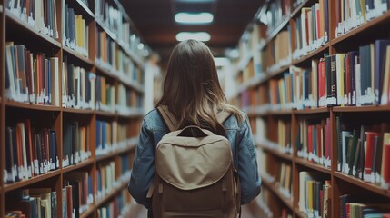 A young woman with a backpack walks down a library aisle lined with bookshelves.