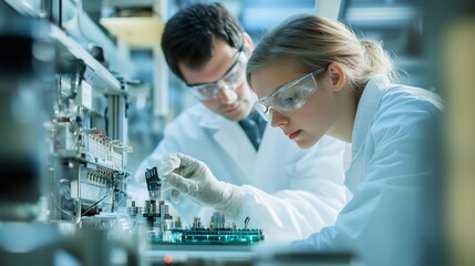 Poster - researchers conduct experiments in a modern laboratory, utilizing precision instruments to analyze s
