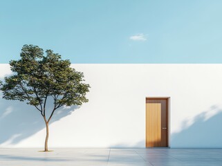 Poster - Modern house rendering with large concrete walls and windows, cobble stone terrace floor in backyard.