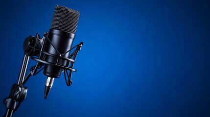 A black microphone on a stand in front of a blue background.