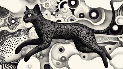 Wall Mural - A black and white drawing of a cat running through an abstract landscape, AI