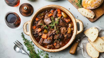 A top view of Boeuf Bourguignon in a rustic dish, with braised beef and vegetables in a rich sauce, surrounded by serving utensils and bread on a grey concrete background.