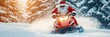 © Andrii Zastrozhnov - A man dressed as Santa Claus is riding a snowmobile. Concept of joy and excitement, as the man is enjoying his time in the snow
