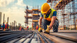 © IDNAF.std - A construction worker wearing a yellow hard hat and safety vest is working on a building site, handling steel rebar. The background shows scaffolding and other construction activities