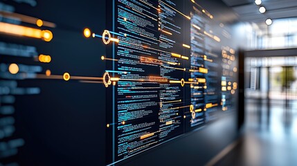 Fototapete - The digital backdrop showcases a high-tech environment with blue light effects and data elements, providing a modern platform ideal for software design concepts