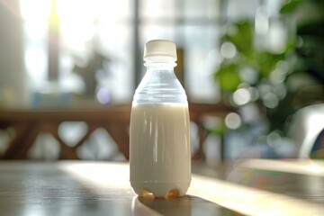 Poster - Small plastic bottle full of milk standing on a wooden table bathed in sunlight, promoting a healthy lifestyle with a natural and refreshing drink