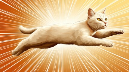 Wall Mural - A white cat leaping in the air with a burst of light behind it, AI