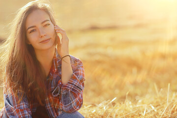 Wall Mural - romantic young model summer field, nature field happiness sun landscape girl