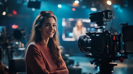 A woman is sitting in front of a camera with a smile on her face